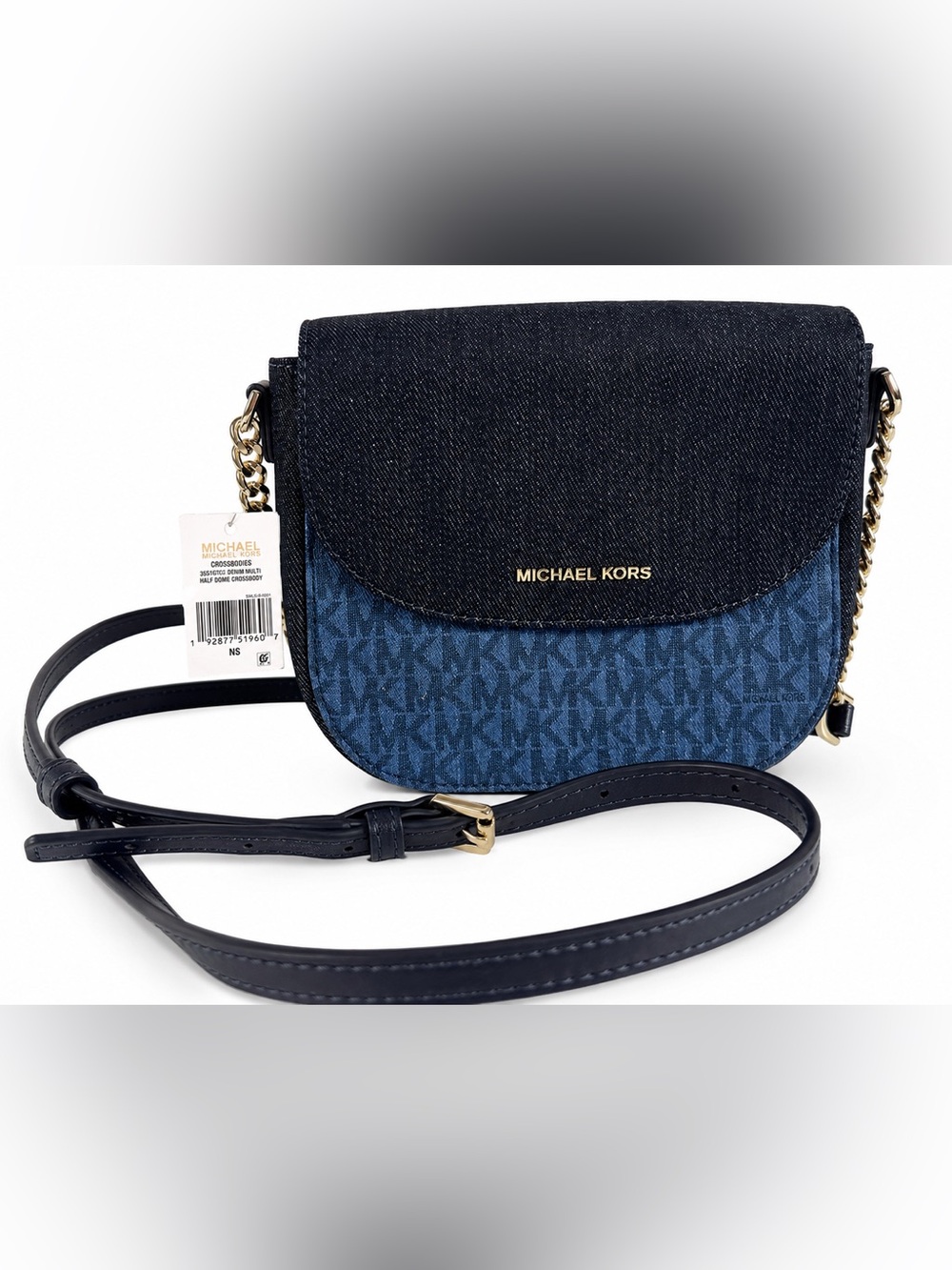 NWT Michael Kors Half Dome Crossbody Denim Multi Navy Signature Gold Chain